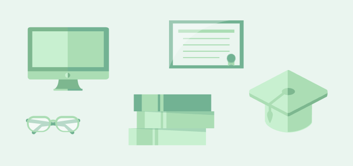 Certyfikat ukończenia kursu, ksiązki, laptop, okulary, biret