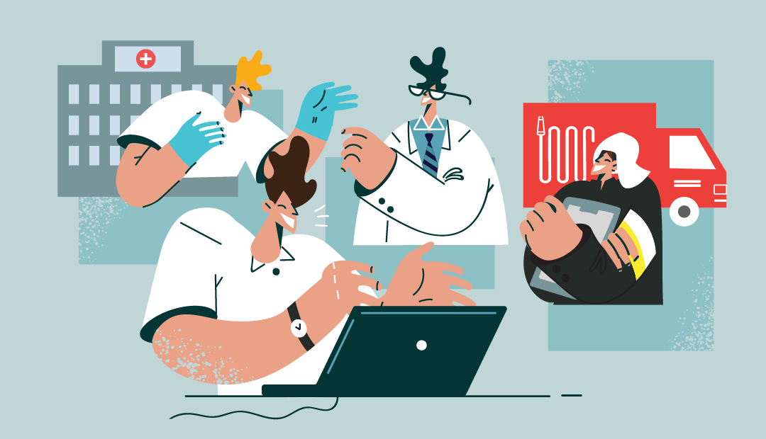 Od&nbsp;lewej pracownik szpitala, pracownicy fundacji i&nbsp;strażak z&nbsp;wozem strażackim