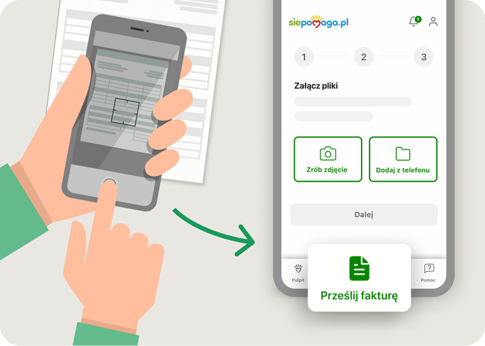 Osoba robi telefonem zdjęcie faktury. Obok widać ekran aplikacji Moje Siepomaga z przyciskiem Wyślij fakturę.