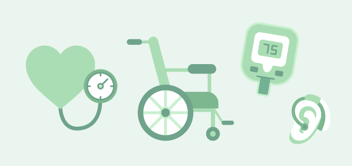 Wózek inwalidzki, ciśnieniomierz, aparat słuchowy, glukometr