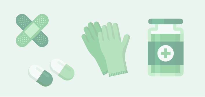 Leki, tabletki, rękawiczki jednorazowe, opatrunki