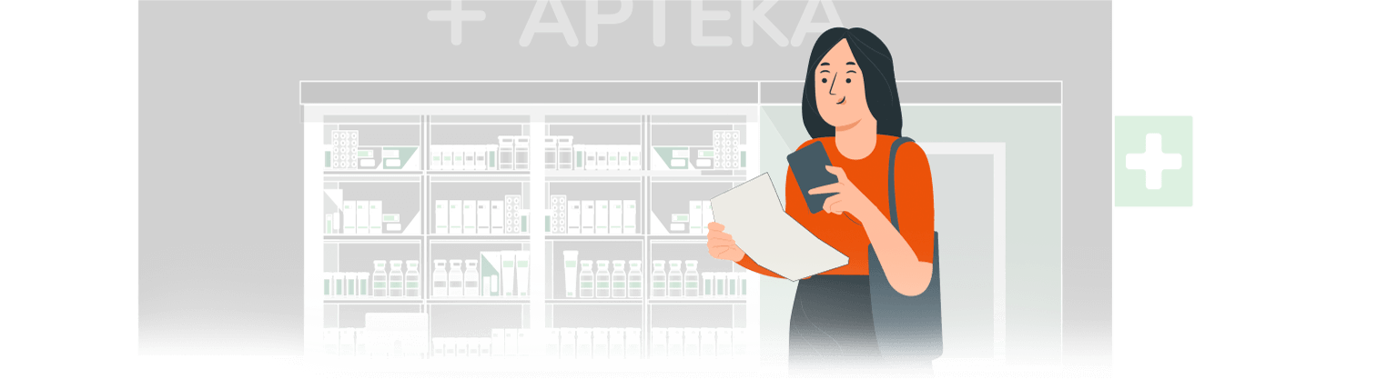 Kobieta stojąca przed apteką, fotografująca fakturę