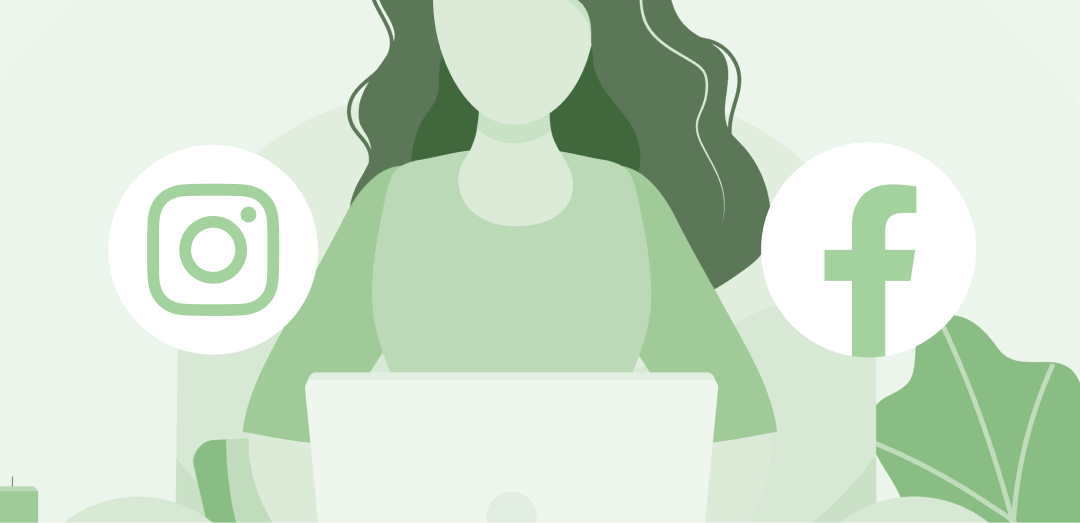 Kobieta przy komputerze, po bokach ikony Instagrama i Facebooka